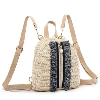 

Fashion Pearl Straw Backpack Women Teenager Girls Travel Shoulder Schoolbags Chic Backpack Female