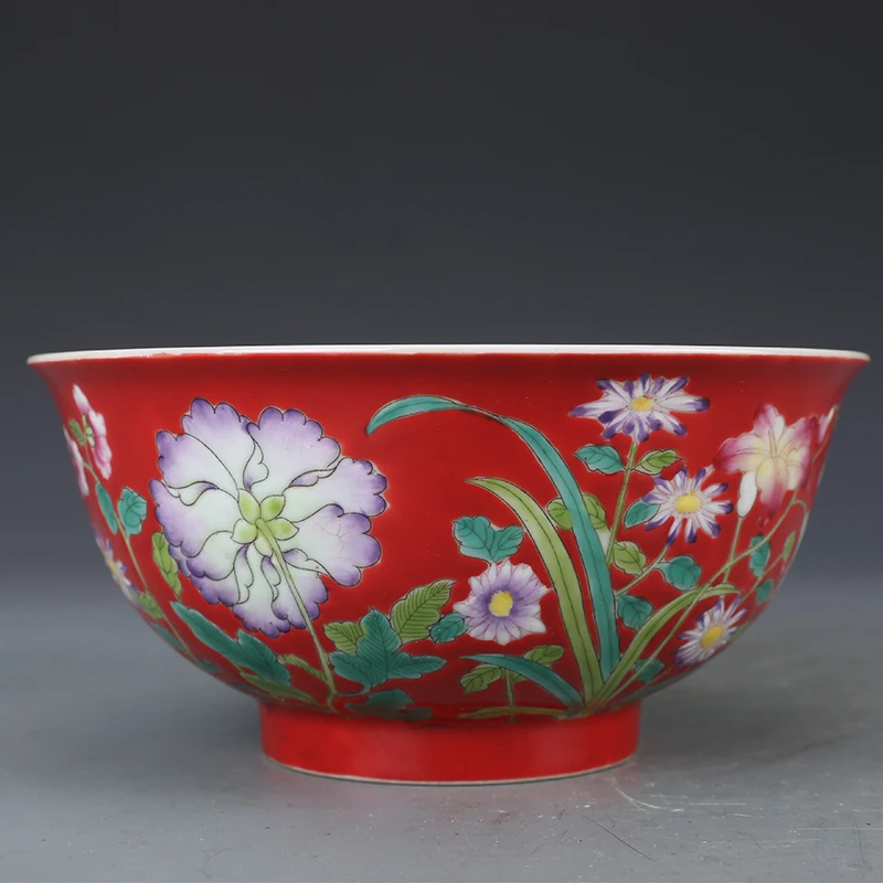 Kangxi Császári Kézzel Festett Vörös Zománc Virág Tál A Qing -Dinasztia Antik Porcelán Gyűjteményből