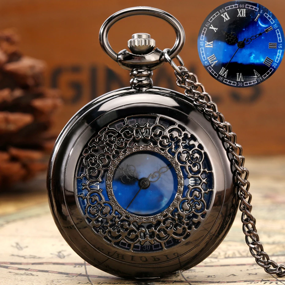 Exquise cadran bleu étoilé pendentif boîtier creux en bronze montre de poche à quartz chiffres romains montres rétro cadeau souvenir pour hommes femmes