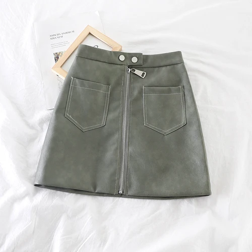 green skirt Neploe Винтаж модные из искусственной кожи юбка Для женщин тонкий карман на молнии короткие юбки женские осень-зима элегантные Мини-юбки Faldas - Цвет: green skirt