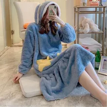 Warm Winter Women Nightgown Cute Animal Cartoon Nightdress Thickening Hooded Home Wear Clothes Velvet Sleep Lounge Night Dress