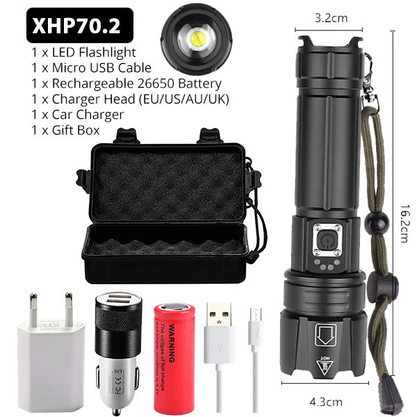 Package I Портативный Ультра мощный XHP70 светодиодный светильник 18650 вспышка светильник XLamp XHP50 USB Перезаряжаемый Тактический светильник 26650 фонарь с зумом - Испускаемый цвет: Package I