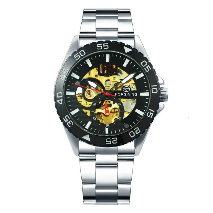 SILVER BLACK FORSINING Business Automatic Mechancial Watch Men Classic Skeleton Mens Watches Top Brand Luxury Steel Strap Wristwatch Gift - Цвет: SILVER BLACK