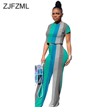 

Stripes Sexy Summer Two Piece Matching Set Outfit Women Round Neck Short Sleeve Crop Top + Wide Leg Pants Plus Size Tracksuits