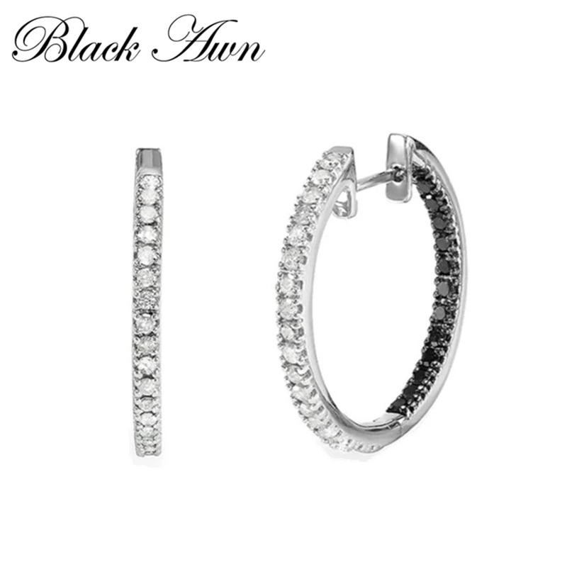 Black Awn 2020 New Classic 925 Sterling Silver Round Black Trendy Spinel Engagement Hoop Earrings for Women Fine Jewelry I189
