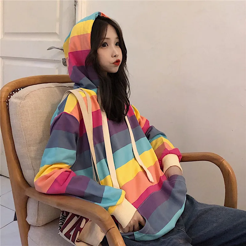 Kawaii Радужная полосатая толстовка с капюшоном и длинными рукавами Женская Корейская ins Harajuku винтажная свободная модная Женская толстовка