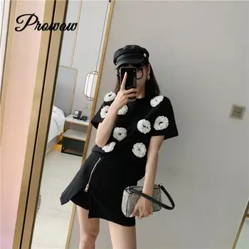 

Brand Design Black Embroidery White Flower Korean Clothes 2020 Summer Slim Short Sleeve T-shirt Tee O-neck Luxury Casual Top