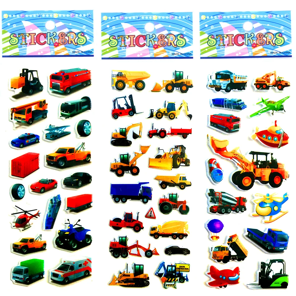 Heavy Industrial Engineering Vehicles Forklifts Excavators Bulldozers Truck Car Scrapbooking Bubble Stickers 6 Sheets Kid Toy