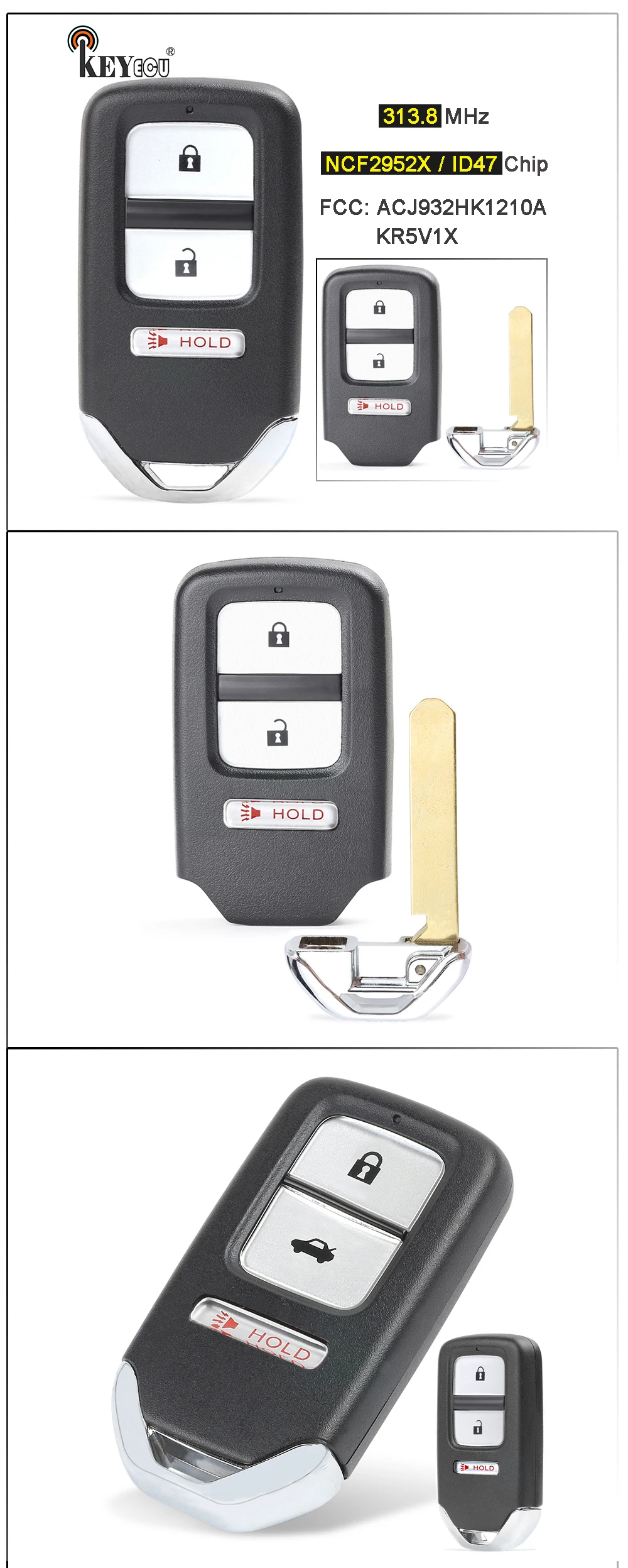 Keyforkess 313.8MHz ID47 FCC: KR5V1X A2C80084900, Smart Smart 2 1 3 pulsante telecomando per auto portachiavi per Honda HR-V Crosstour Fit - H4e0df7e6a5a744b2abacd260515fc39bJ