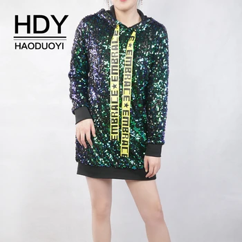 

HDY Haoduoyi New Arrival Fashion Solid Personality Loose Casual Sequins Decorated Long Straight Straight Long Sleeve Dress