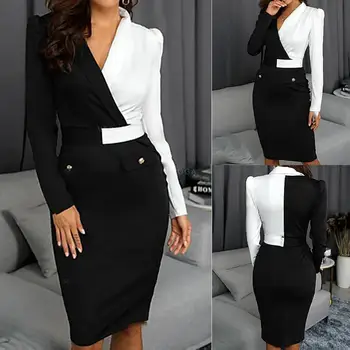 

Women Elegant Fashion Office Lady Work Wear Stylish Party Dress Two Tone Metallic Button Midi Bodycon Dress 2019
