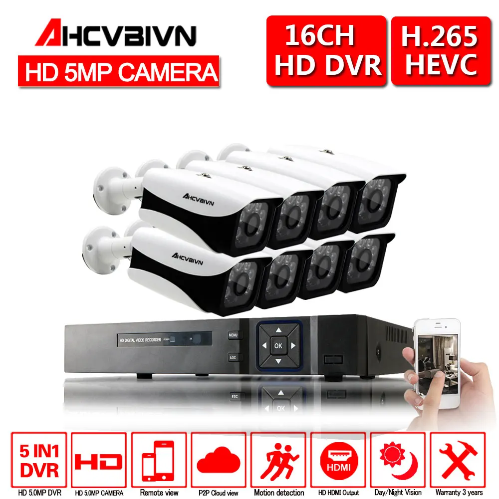 AHCVBIVN 16CH камера безопасности системы AHD DVR комплект 16 шт. 2592x1944 5.0MP ИК наружная камера видеонаблюдения P2P комплект видеонаблюдения - Цвет: Черный