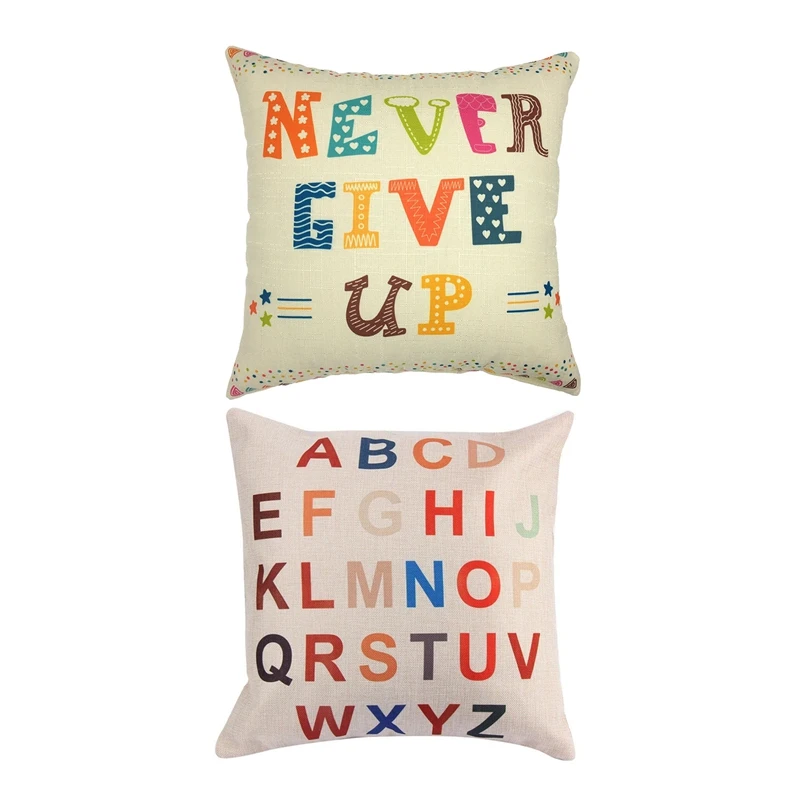 2pcs Flax Square Decorative Throw Pillow Case Cushion Cover Home Decoration 18x18 Inch- Never Give Up& a B C D 26 Letters