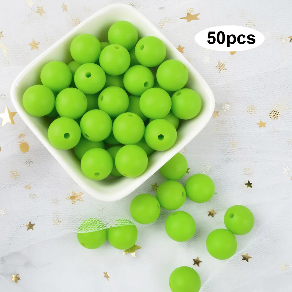 chartreuse LOFCA 12 мм 50 шт./лот Силиконовые бусы для прорезывания зубов Ожерелье Детские Прорезыватели игрушки СИЛИКОНОВЫЕ BPA бесплатно жевательные подвески для новорожденных аксессуары для кормления - Цвет: chartreuse