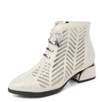 

2020 New Summer Microfiber Rhinestone Hollow Mesh Boots Women Fashion Boots Ankle Boots Elegant High Heel Boots Large Size 43