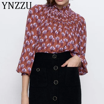 

YNZZU Floral Print Chiffon Blouse Women 2020 New Turtleneck Lantern Sleeve Loose Oversized Female Blouse Shirt Women Tops AT488