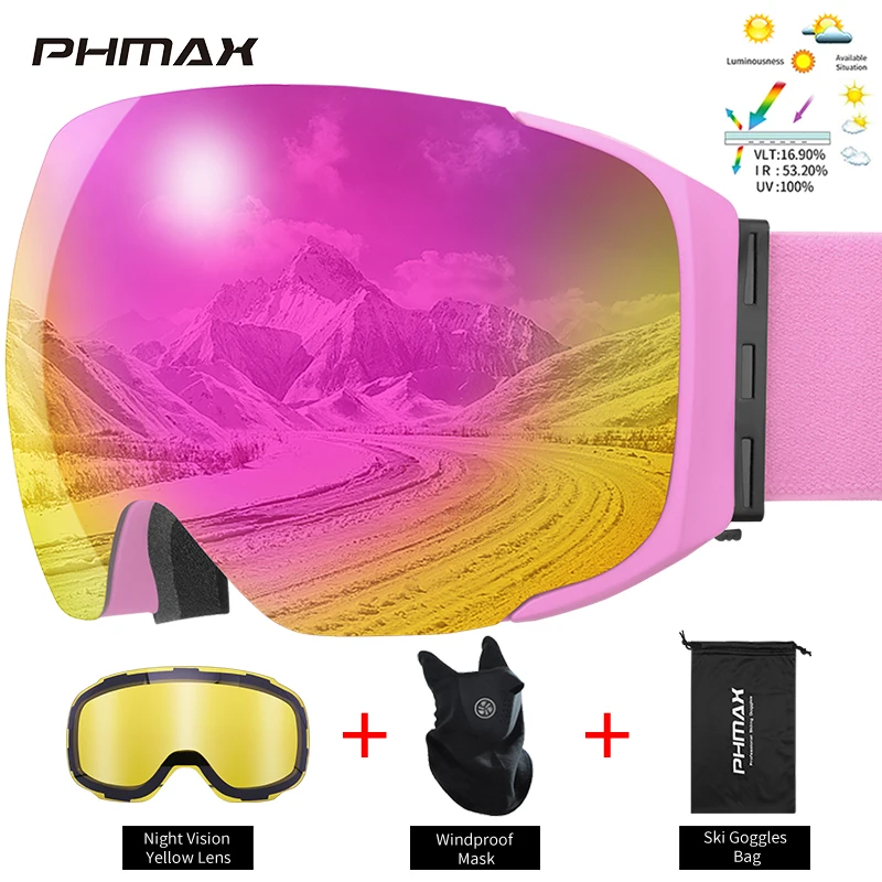 Магнитные лыжные очки PHMAX с защитой от УФ лучей и желтыми линзами зимние