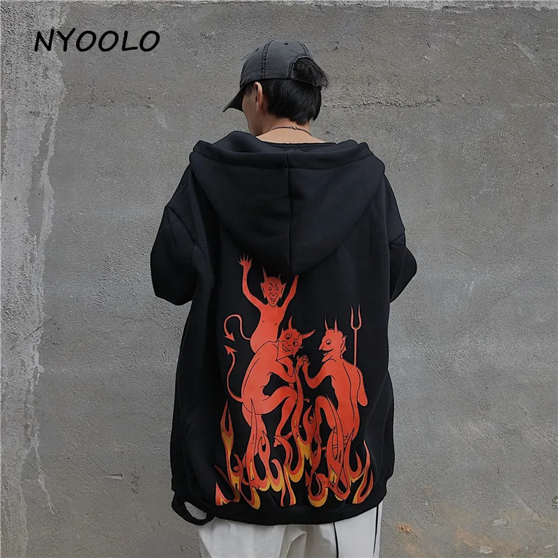 NYOOLO Harajuku street Ghost print плюс бархатные теплые толстовки осень зима свободные с капюшоном на молнии Толстовка женская мужская верхняя одежда