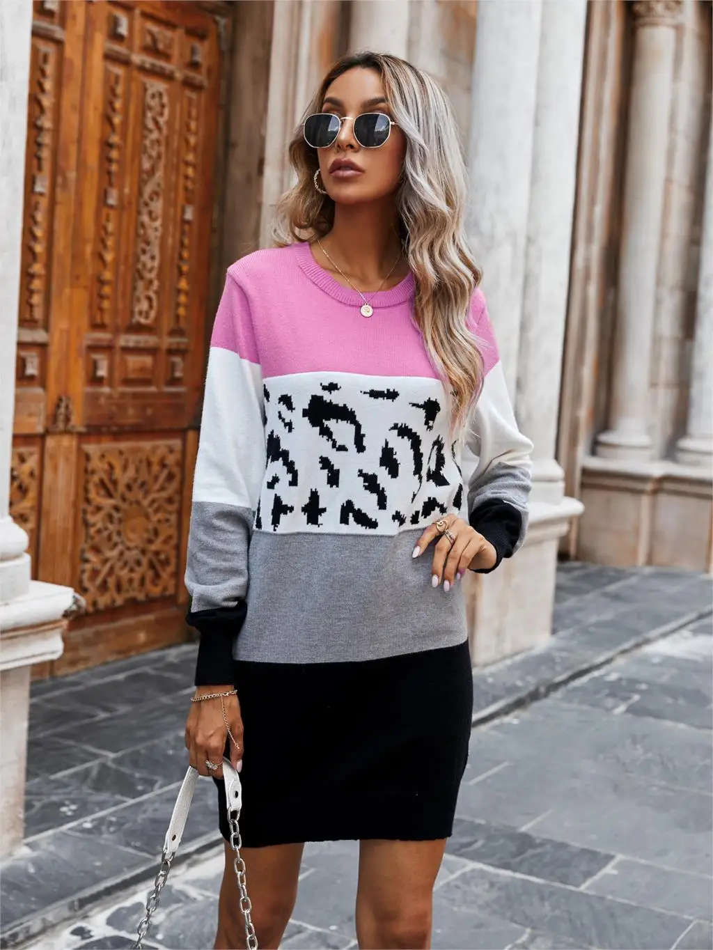 Chifirena Vintage Leopard Patchwork Sweater Dress Women O Neck Long Sleeve Winter Casual Robe Female Elegant Minie Vestidos