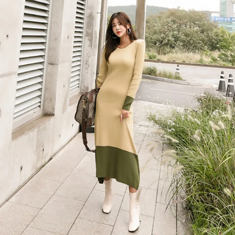 

Women O-neck Knitted Contrast color Long Dress New Arrival Winter Office Lady Long Sleeve Slim Bottoming Skinny Sweater Dress
