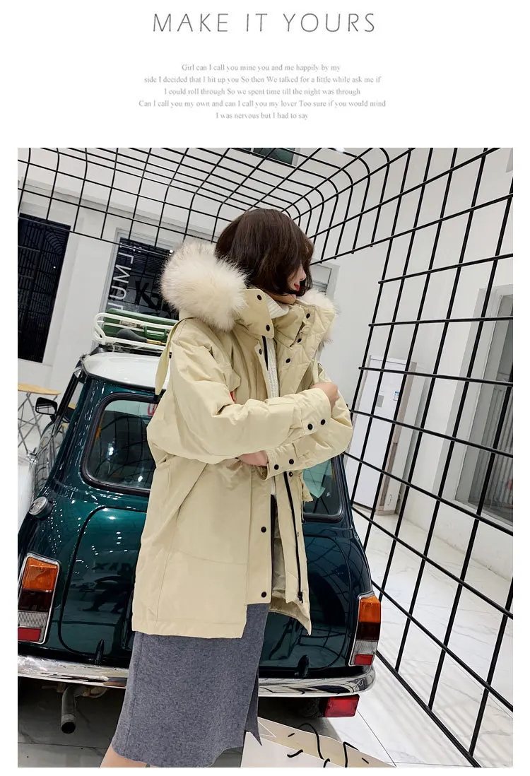 Winter new collection women down jacket thick loose long big scorpion fur collar thick tooling style down jackets woman hooded