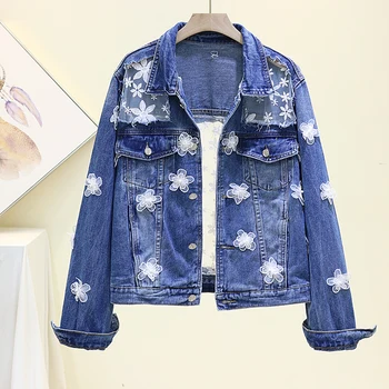 

Summer Fashion Embroidery Hole Lace Stitching Denim Jacket Women Harajuku Loose Chaqueta Mujer Veste Femme Streetwear Jeans Coat