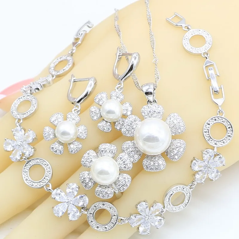 Белый жемчуг 925 Серебряные Ювелирные наборы для женщин растительный дизайн циркон браслет серьги кольца ожерелье кулон