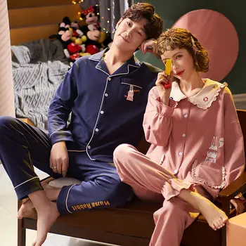 

2020 Couple Pajamas Set Autumn Cardigan Pyjamas Women and Men Pajamas Long Sleeve Sleepwear Lounge Pijama Plus Size pajama
