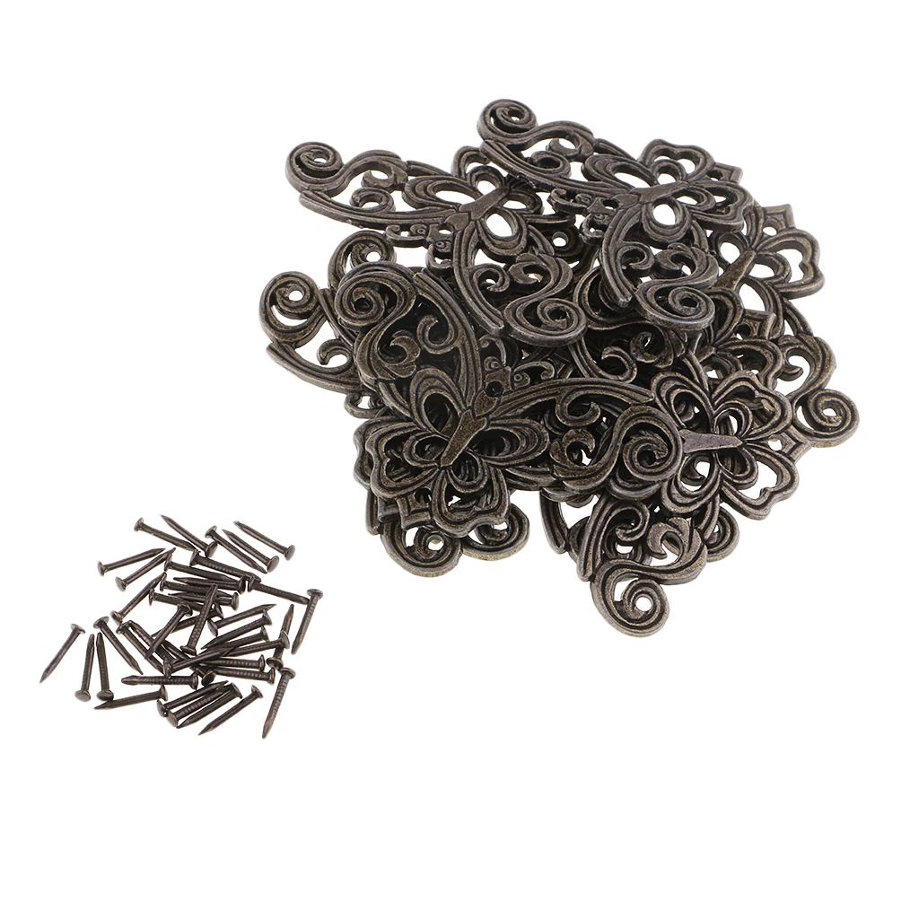 10 Pieces Decorative Jewelry Chest Wine Gift Box Wooden Case Corner Protector Bronze Tone Filigree Triangle Wraps Connectors