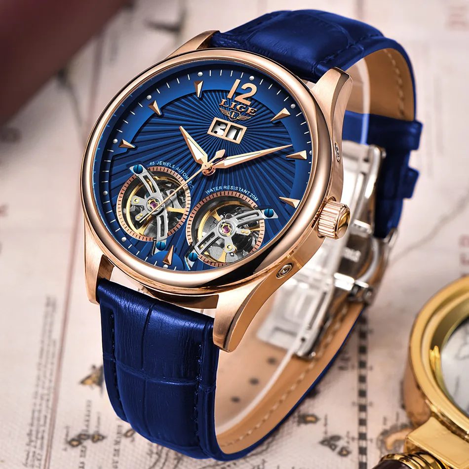Новинка, LIGE, синие кожаные часы для мужчин, двойные Tourbillon, механические мужские часы, Топ бренд, Роскошные автоматические часы, мужские часы+ коробка