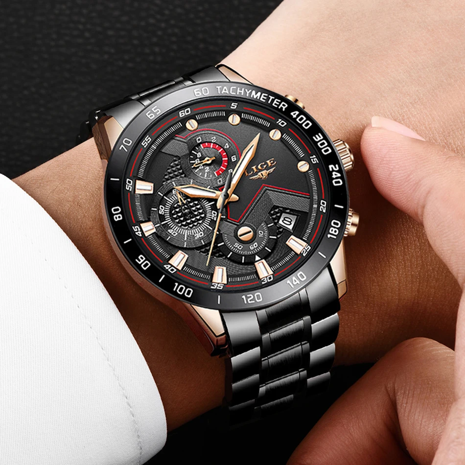 LIGE подарок бизнес мужской роскошный бренд часов наручные часы из нержавеющей стали Хронограф Кварцевые часы для военных часов Relogio Masculino