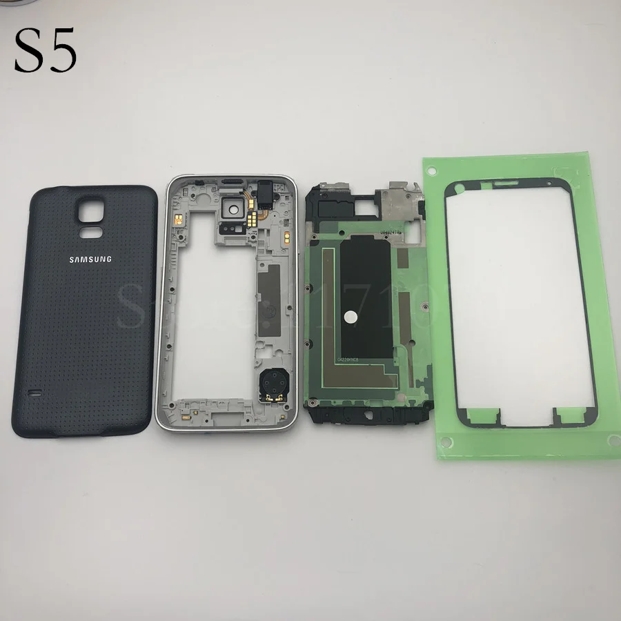 black Полный комплект для samsung Galaxy S5 G900 I9600 G900f Корпус Передняя пластина Кронштейн+ средняя рамка+ задняя крышка чехол+ клей - Цвет: black