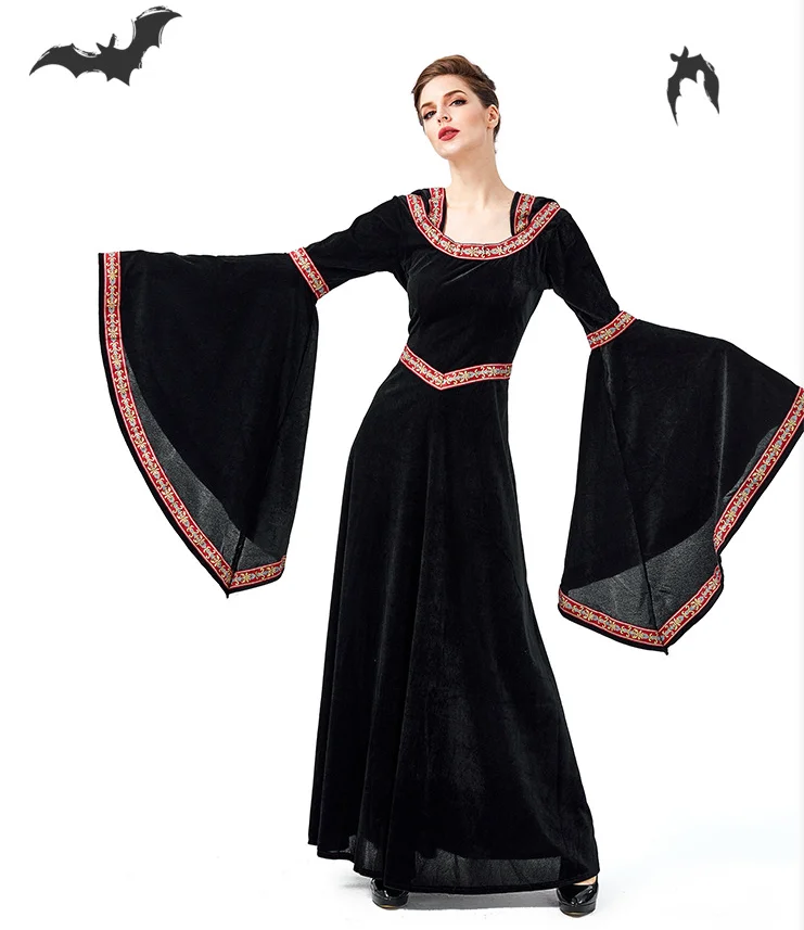 Medieval Retro Court Costume Night Vampire Queen Wizard Costume Hooded Gown Robe Medieval Dress Drap Sleeves Vampire Halloween