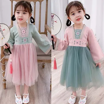 

Fashion Baby Girls Hanfu Dress Children Kids Girls Han Chinese Clothing Embroidery Princess Summer Autumn Tulle Dress Vestidos