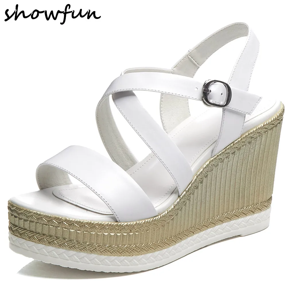 

Women's genuine leather wedge platform ultra high heel sandals open toe summe cross strap summer ladies comfortable dress shoes