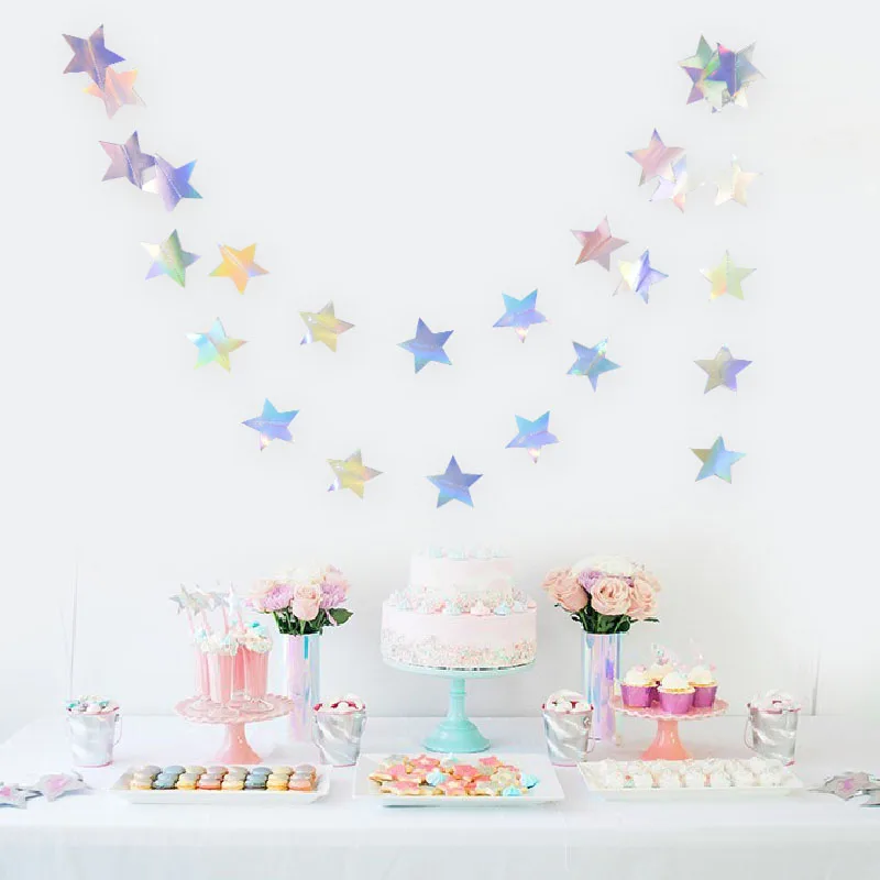 Laser Silver Paper Star Garland Banner Happy Birthday Party Decoration Girl Boy Baby Shower Wedding Christmas Wall Hanging Decor