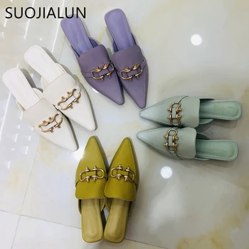 

SUOJIALUN New Women Slippers Pointed Toe Slip On Mules Fashion Brand Buckle Sandal Square Low Heel Lady Slides Mules Shoes Mujer