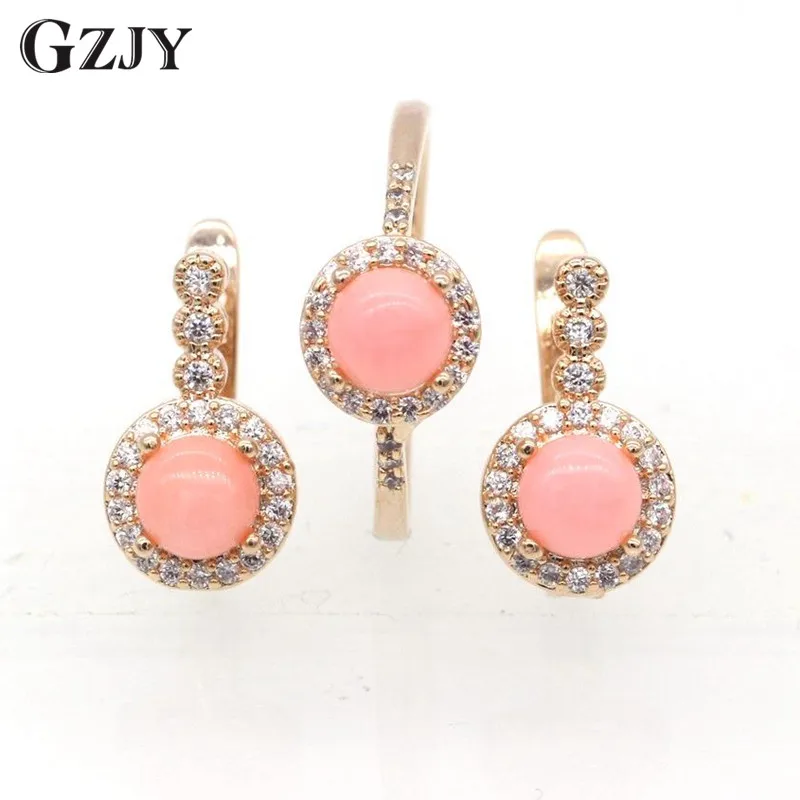 Fashion Charming Pink Coral AAA Zircon Earrings Ring Set For Women Gold Color Wedding Party Jewelry | Украшения и аксессуары