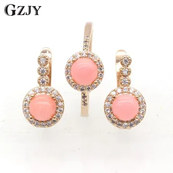 

Fashion Charming Pink Coral AAA Zircon Earrings Ring Set For Women Gold Color Wedding Party Jewelry