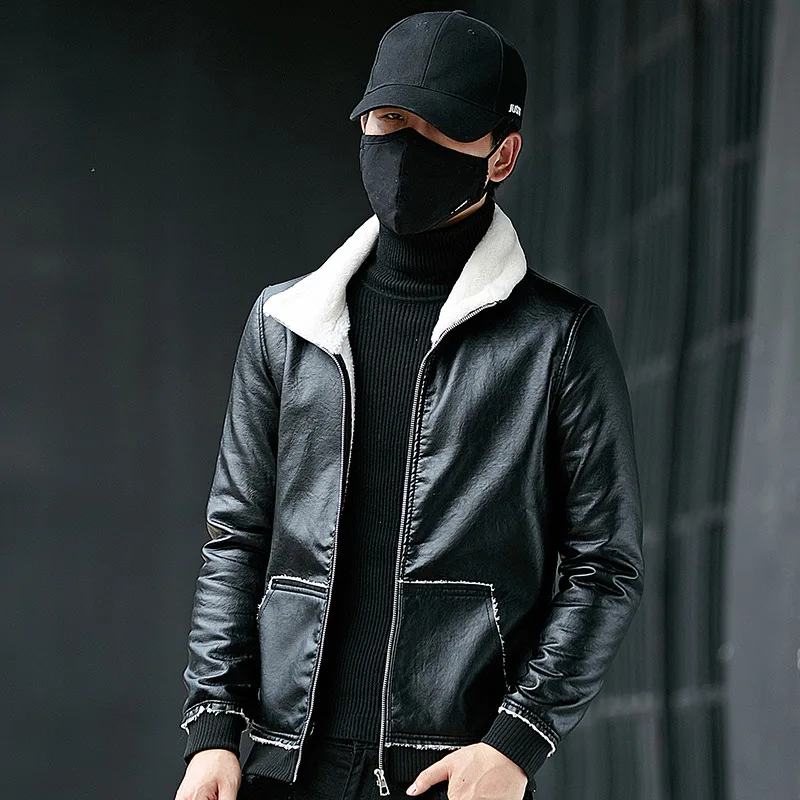 New Style MEN'S Leather Coat Winter plus Velvet Fur Korean-style Trend Cool PU Leather Wallet Windproof Jackets