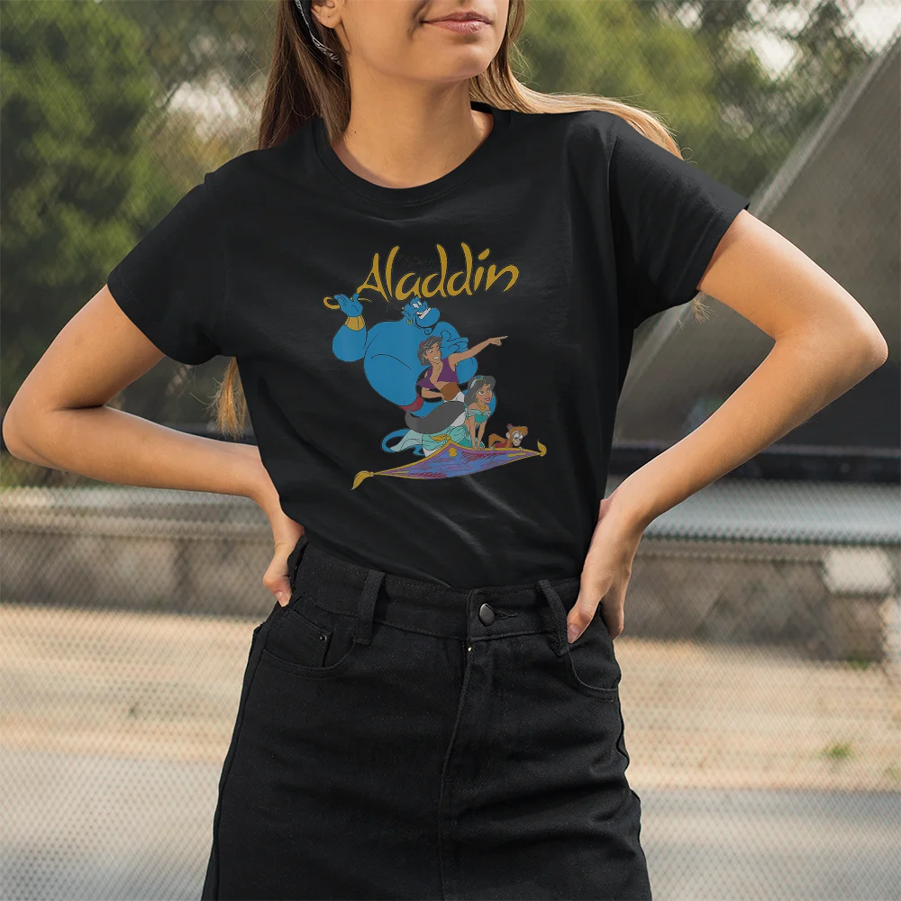 ディズニー女性tシャツファッショントップ原宿tシャツ夏新製品アラジンのランプパターン黒tシャツカジュアルtシャツかわいい Tシャツ Aliexpress