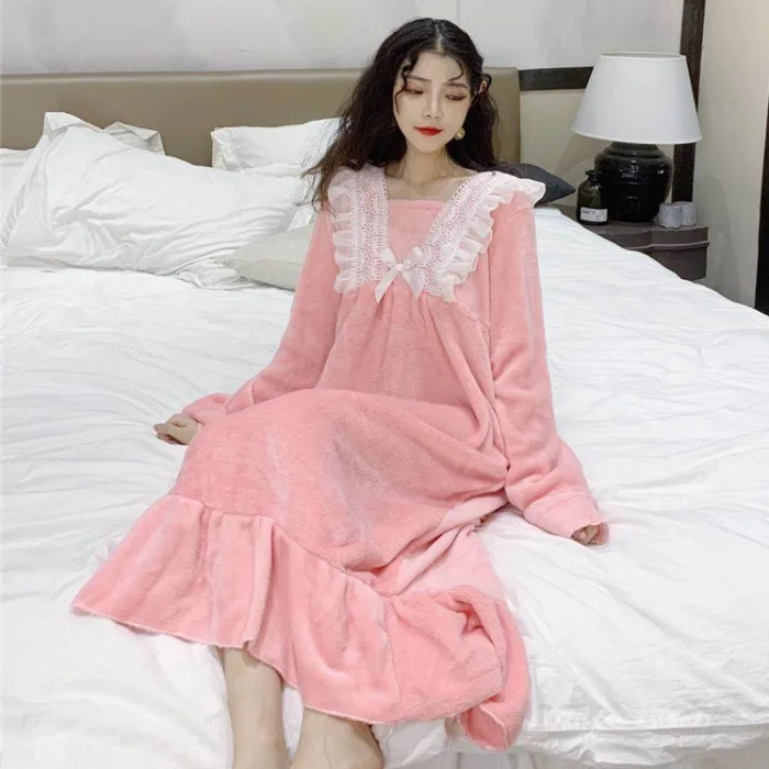 

Korean-style Flounced Tracksuit Dress Female Autumn 2019 New Style Lace Joint Mid-length Long Sleeve Nightgown