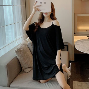 

Black dress sexy nightdress cotton strap summer thin section temptation net red night dress female dress pijama mujer nightwear
