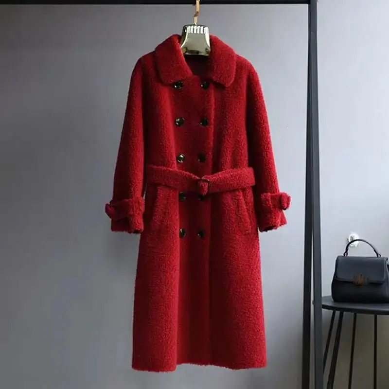 Корейские женские зимние теплые куртки из искусственного меха, карманы, отложной воротник, натуральная овчина, длинные шерстяные пальто, плюшевые толстые куртки