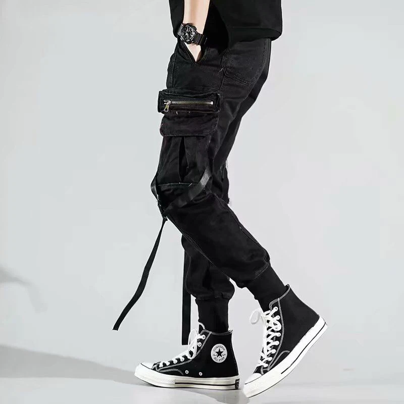 Streetwear Black Cargo Pants Men Fashion Joggers Sweatpants Japanese Loose Casual Ankle length Trousers