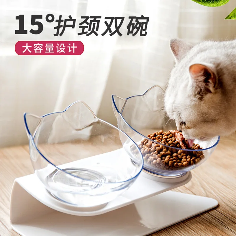 

Наклонная защита для шеи, двойная миска для кошек, миска для собак и кошек, миска для еды с наклонным ртом, новая пластиковая головка для кошек, двойная искусственная еда