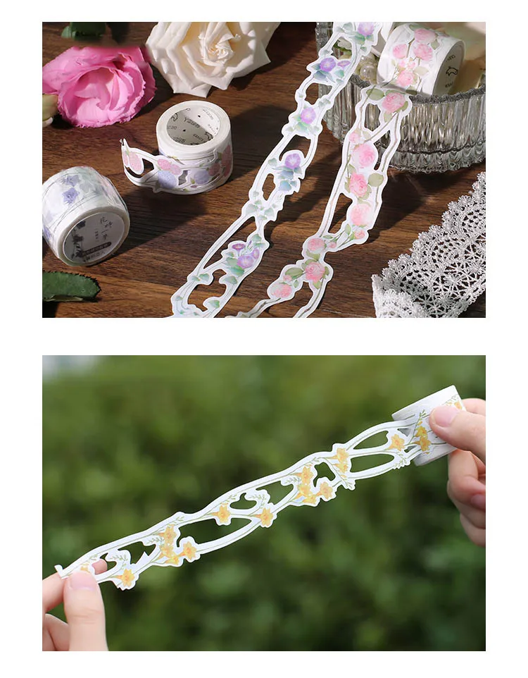 3M/roll Student Stationery Masking Tape Flowers Printing Hollow Out Washi Tape Sticker for DIY Diary Scrapbook Photo Album Decor