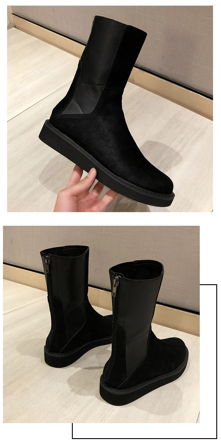 Ботинки martin из нубука на Плоском Каблуке с молнией сзади; botines; женские облегающие сапоги до середины икры; модные женские сапоги В рыцарском стиле; botas; удобная женская обувь на толстой резиновой подошве