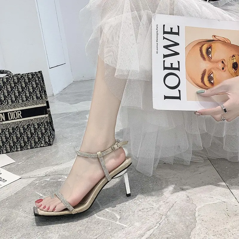 

Summer 2020 new fashion rhinestone sandals female all-match thin high heel sandals with square head open toe sandals Z952