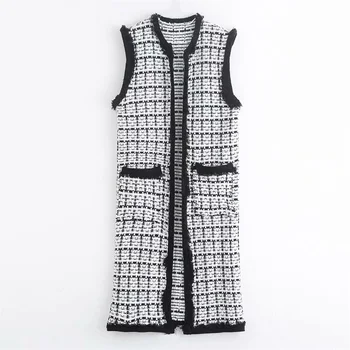 

Spring 2020 Women's New Sleeveless Knit Vest Pocket with Beaded Contrast Stitching Twill Tweed Long Cardigan Vest 08146130093